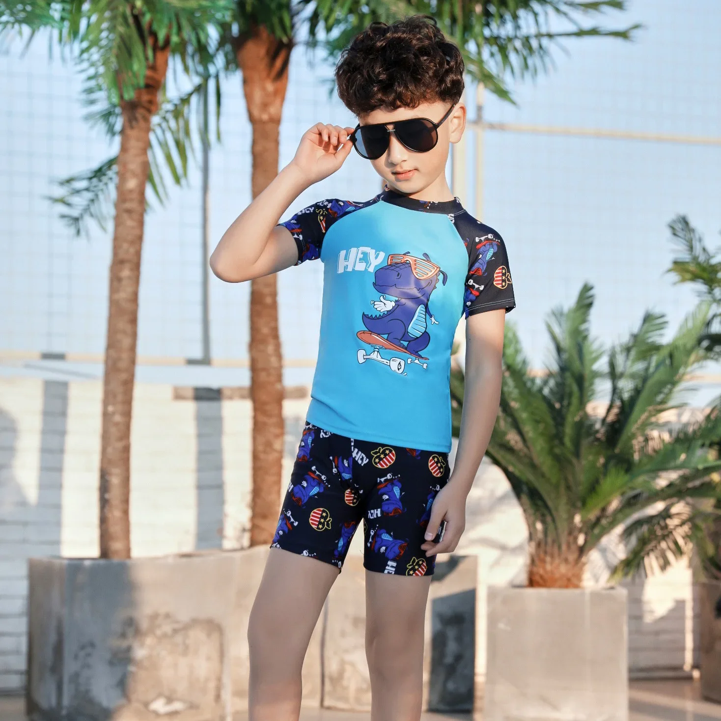 2-13 Years Boys Cartoon Swimwear 2pcs Baby Swim Suit With Cap Short Sleeve Bodysuit Girls Swimsuit Children Beach Rash Guards