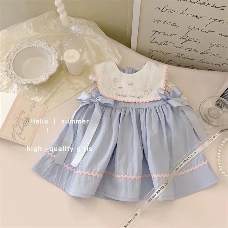 Girls Skirt Summer Blue Heavy Embroidery Dress Baby Fashion Foreign Fashion Little Child Doll Collar Sundress Cartoon Skirt