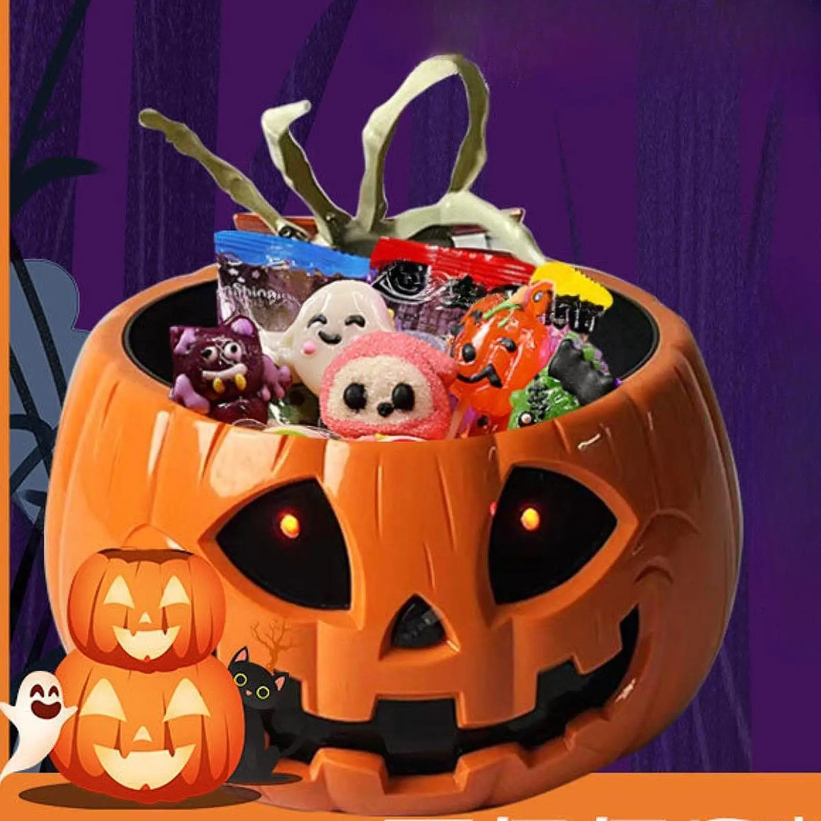 Halloween Pumpkin Candy Bowl Animated Skull Decoration ABS Ornaments Light Up Candy Dish for Home Party