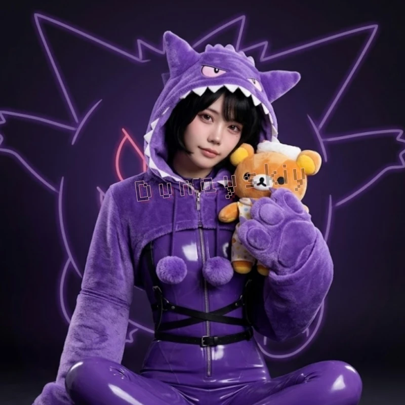 Women Purple Pink Blue Ghost Cosplay コスプレ Halloween Purple Sexy Romper Bodysuit Plush Hooded And Socks With Belt And Tail Cos