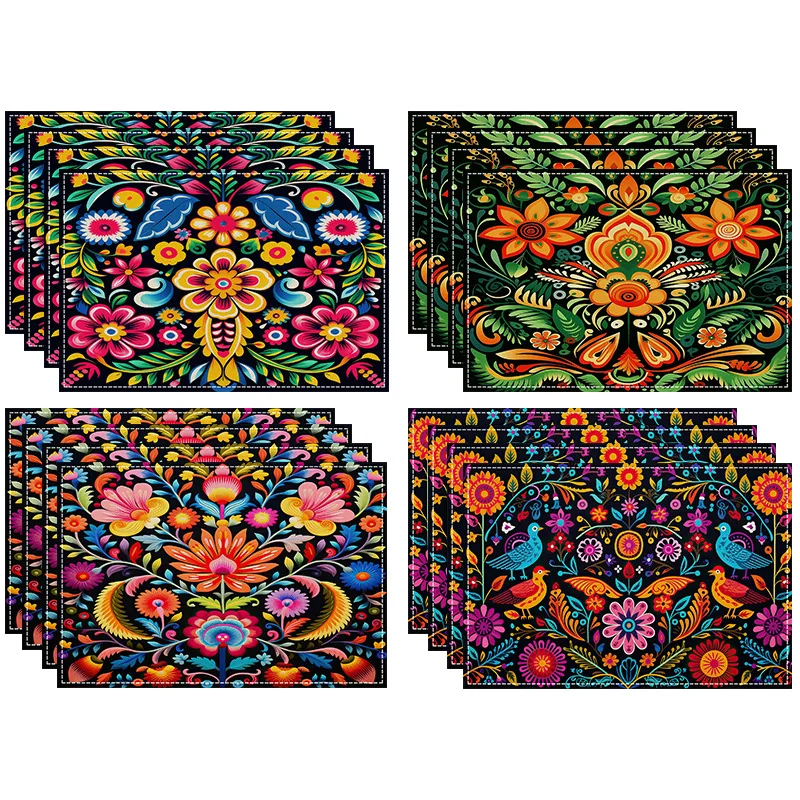 Mexican Floral Placemats Set of 4 Dia De Los Muertos Cinco De Mayo Party Place Mats for Home Kitchen Dining Table Decoration