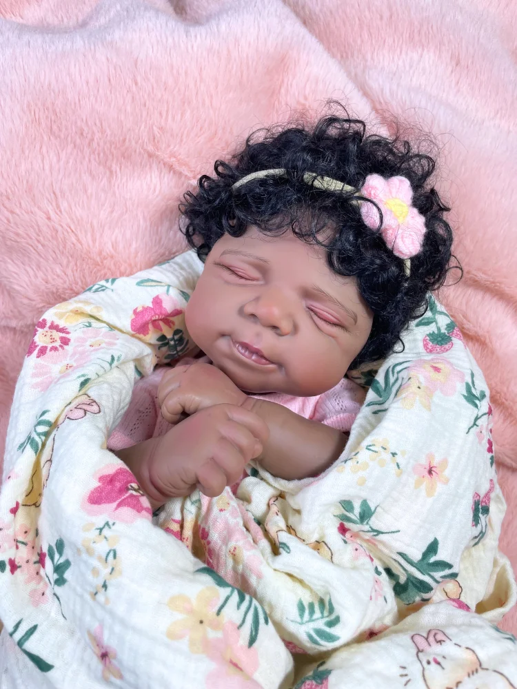 MRB 18 Inch Dark Skin Reborn Baby Doll Pascale African American Newborn Doll Handmade Rooted Hair Soft Fabric Body Toy For Girls