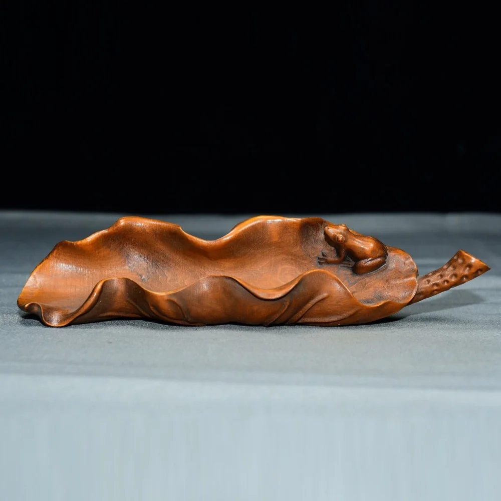 hand-carved-boxwood-lotus-leaf-tea-scoop-with-frog-figurine-vintage-wooden-oriental-tea-decor-craft-gift