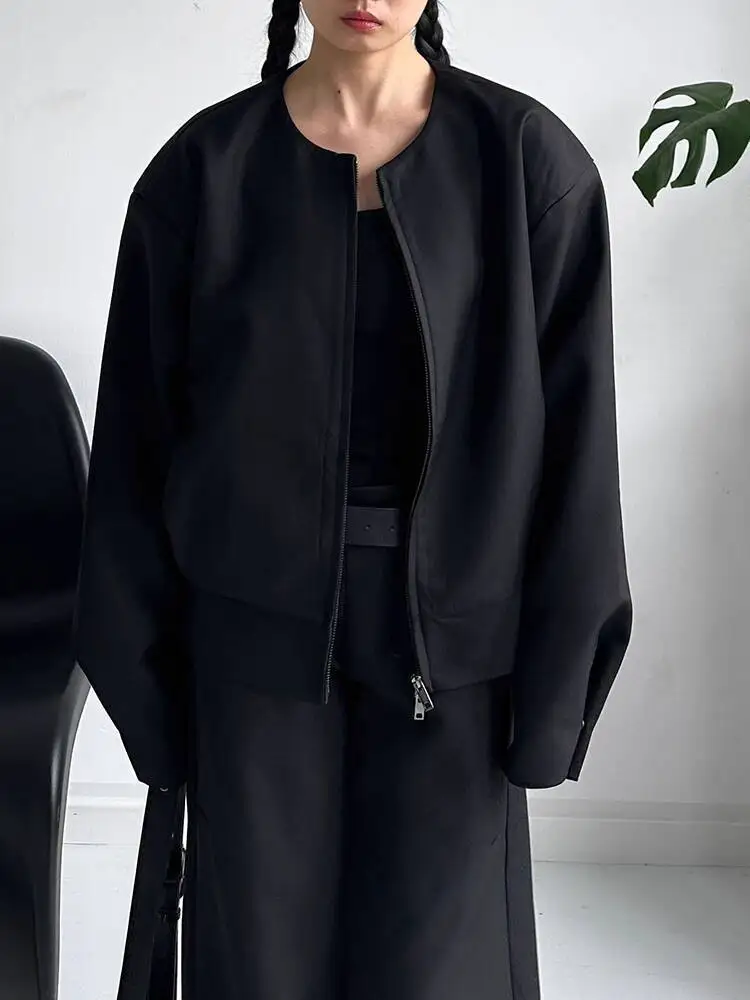 HUISONG Korean Minimalist Collarless Blazer Versatile Short Jacket Cardigan Double-Zip Loose Casual Top Fashion Spring Autumn