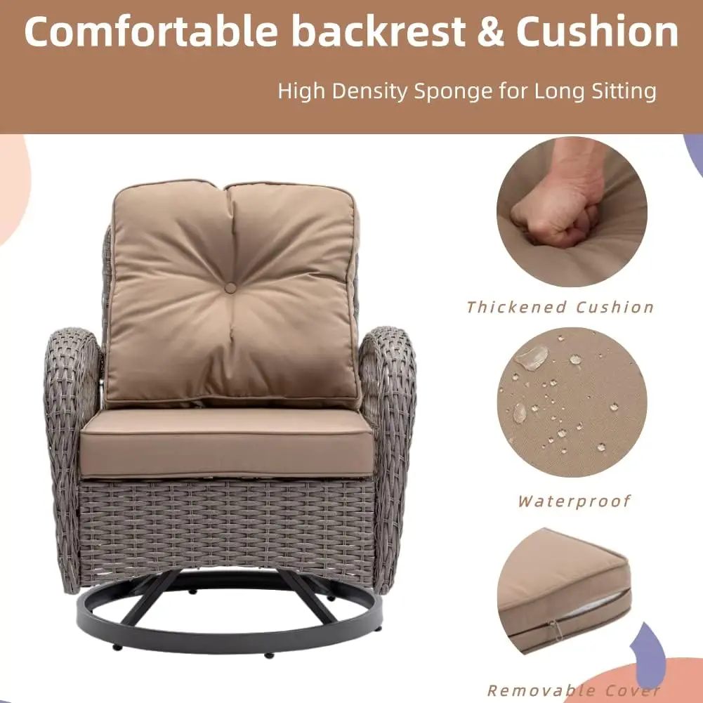 Wicker Swivel Rocker Chairs Set,Swivel Chairs with Thick Cushion,  Tempered Glass Side Table for Outdoor