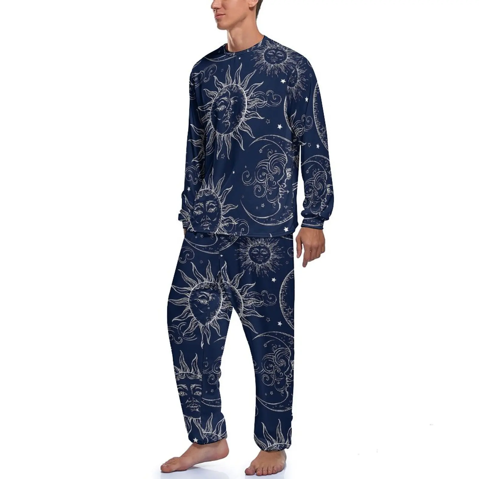 Sun Moon Stars Pajamas Long Sleeve Vintage Celestial 2 Piece Room Pajama Sets Autumn Male Graphic Warm Home Suit