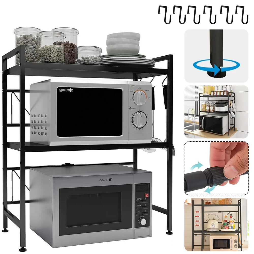 3-tier Carbon Steel Metal Microwave Stand With 6 Hooks, Adjustable Expandable Kitchen Shelf, Floor Standing 3-Layer Oven Rack