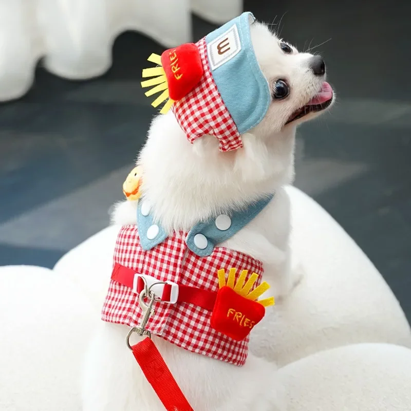 1/Set Fries Pet Harness Traction Rope Pet Wire Rope Pulling Cute Hat Three Piece Puppy Clothes Outgoing Pulling  Harness Leash