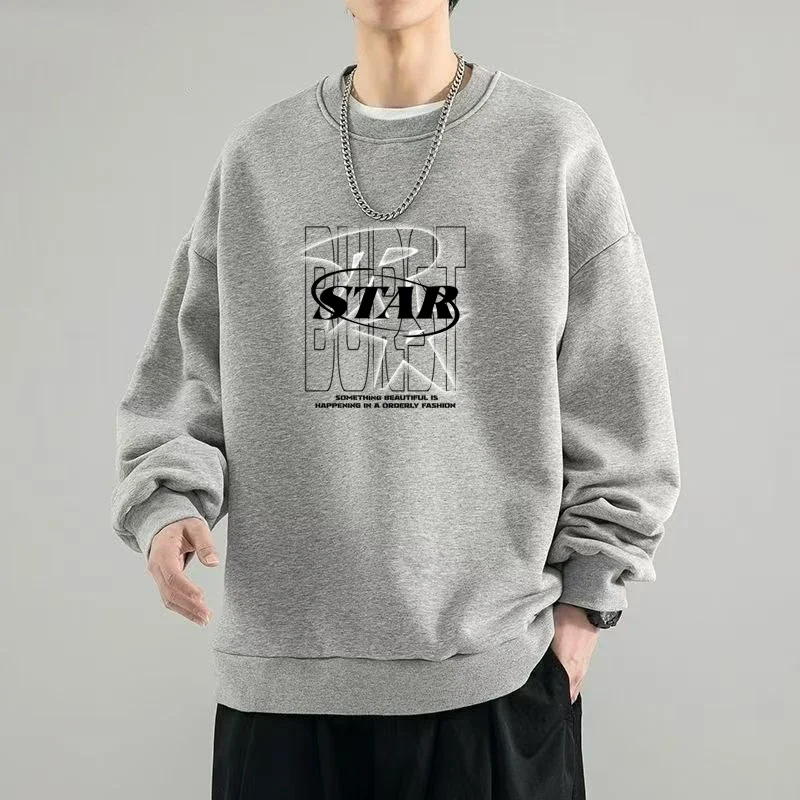 Novo moletom da moda masculina solto outono letras impressas manga longa camiseta roupas masculinas cinza o pescoço harajuku topo de grandes dimensões