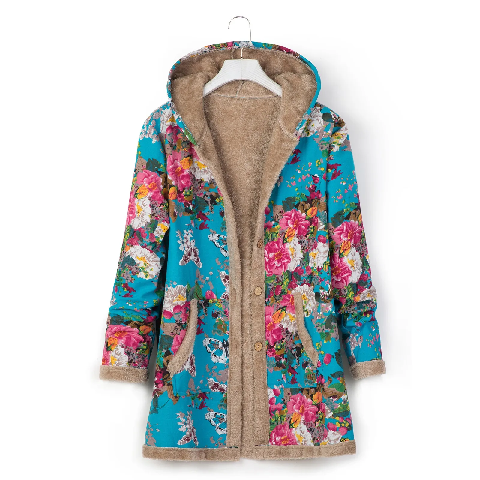 Cotton Linen Plus Velvet Warm Jackets For Women Vintage Ethnic Flower Print Hooded Button Outwear Coats Mid-length Cotton-Padded