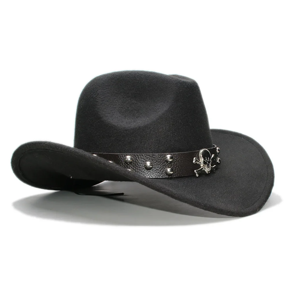 Vintage Retro Women Men Wool Wide Brim Cowboy Western Cowgirl Bowler Hat Fedora Cap Skull Leather Band Band (54/57/61CM）