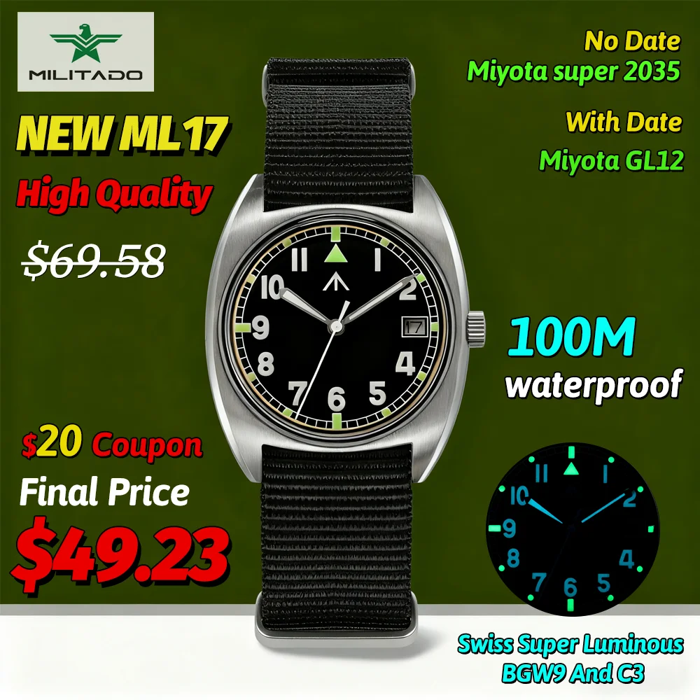 Militado Ml17 Quartz Watches Miyota 2035/Gl12 Movement K1 Bubble Military Watches Man 316L 10Bar Waterproof Square 36Mm Watch ﻿