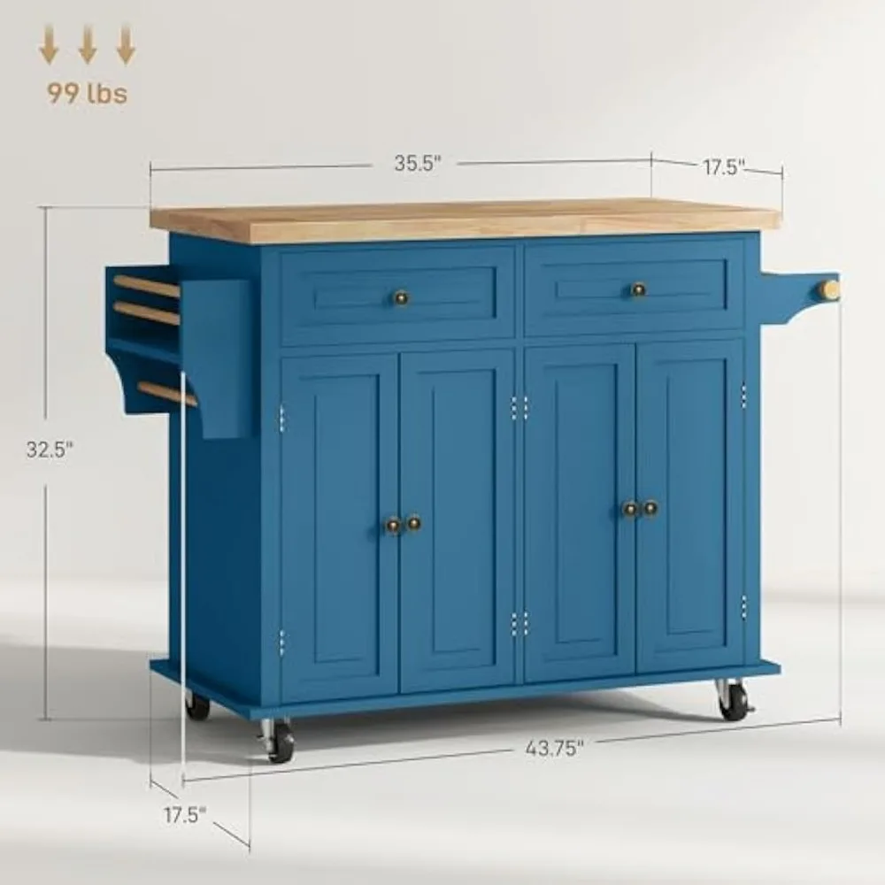 Kitchen Island on Wheels, Rolling Cart with Rubberwood Top, Spice Rack, Towel Rack and Drawers for Dining Room, Turquoise