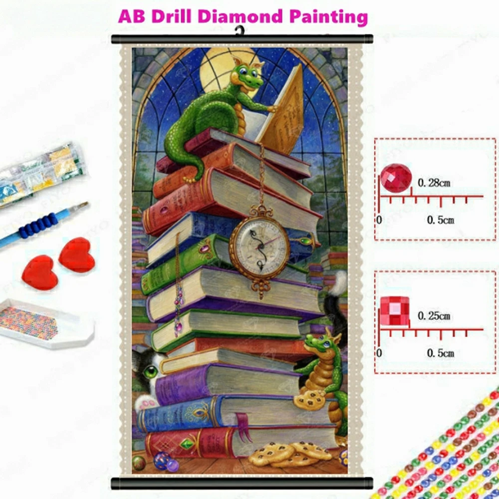 AB Drills Diamond Painting Cute Animal Little Dragon Reading Book By Randal Spangl Embroidery Art Cross Stitch Mosaic Home Decor