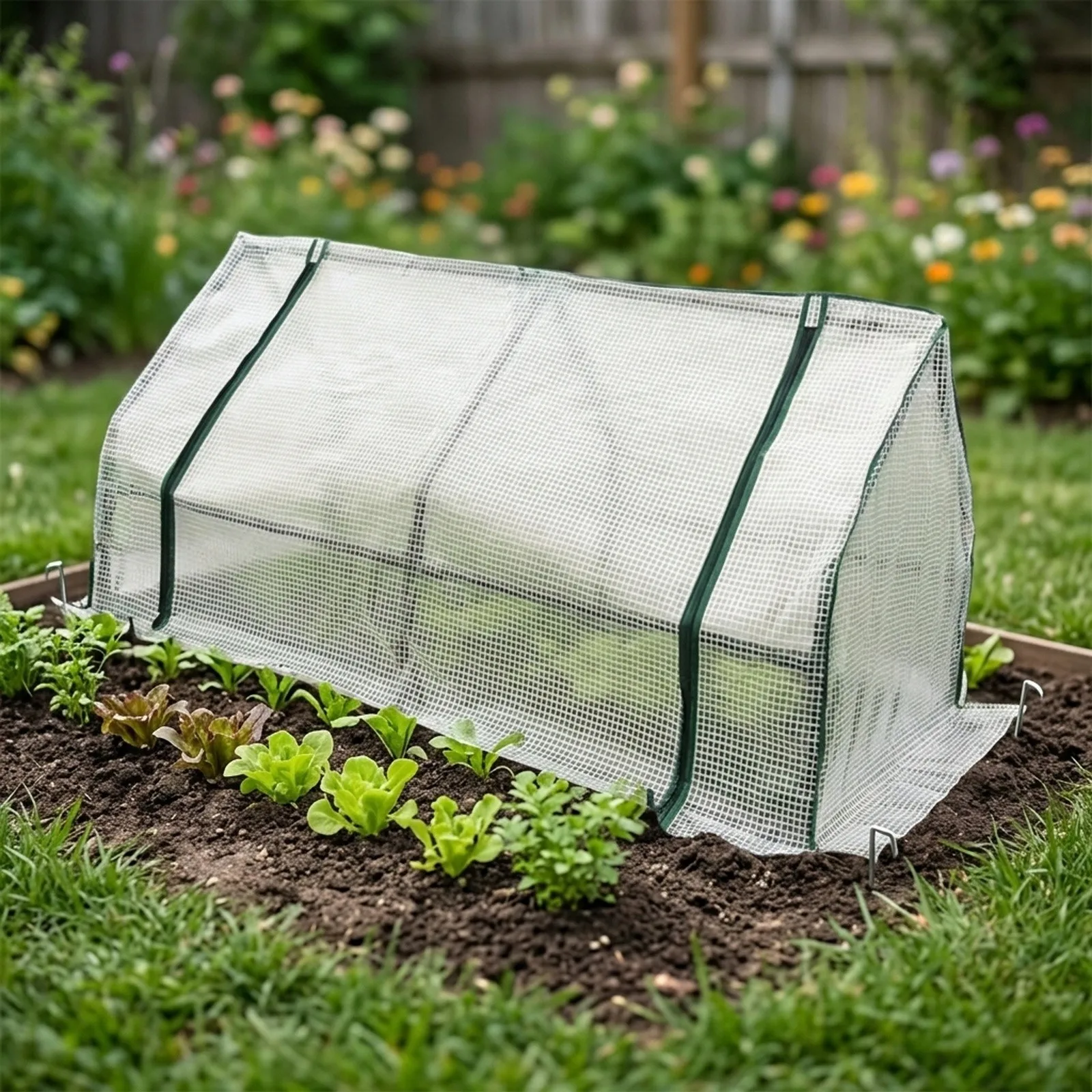 Grow Tunnel Cover for Outdoor Horticultural Use with Reinforced Mesh Grid to Support Pollination and Temperature Management