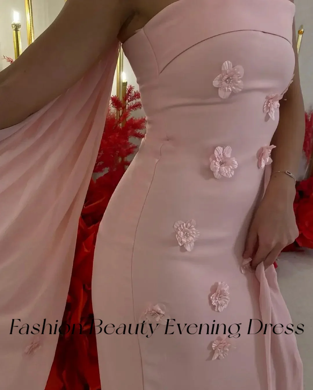 Fashion Beauty Pink Evening Dresses Strapless 3D Flowers Printed Dress Elegant Formal Occasion Gown For Women 2024 فساتين السهرة