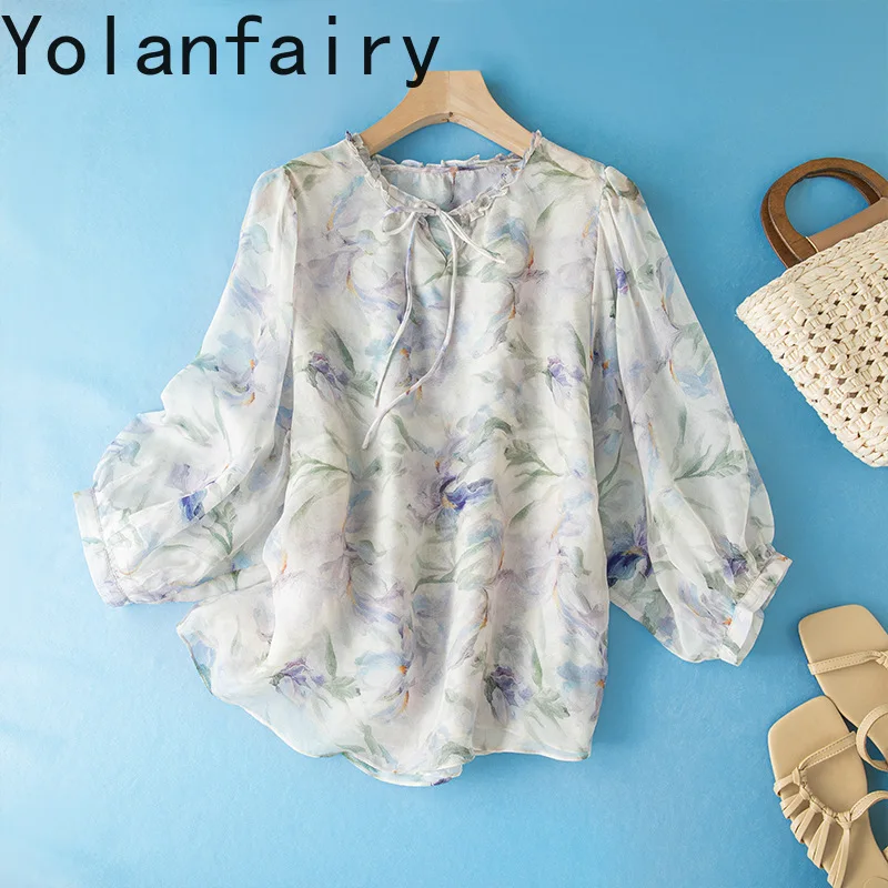 YOLANFAIRY 100% Natural Mulberry Silk Blouse Woman Elegant Summer Fashion Printed Shirts Women Top Beautiful Shirts and Blouses