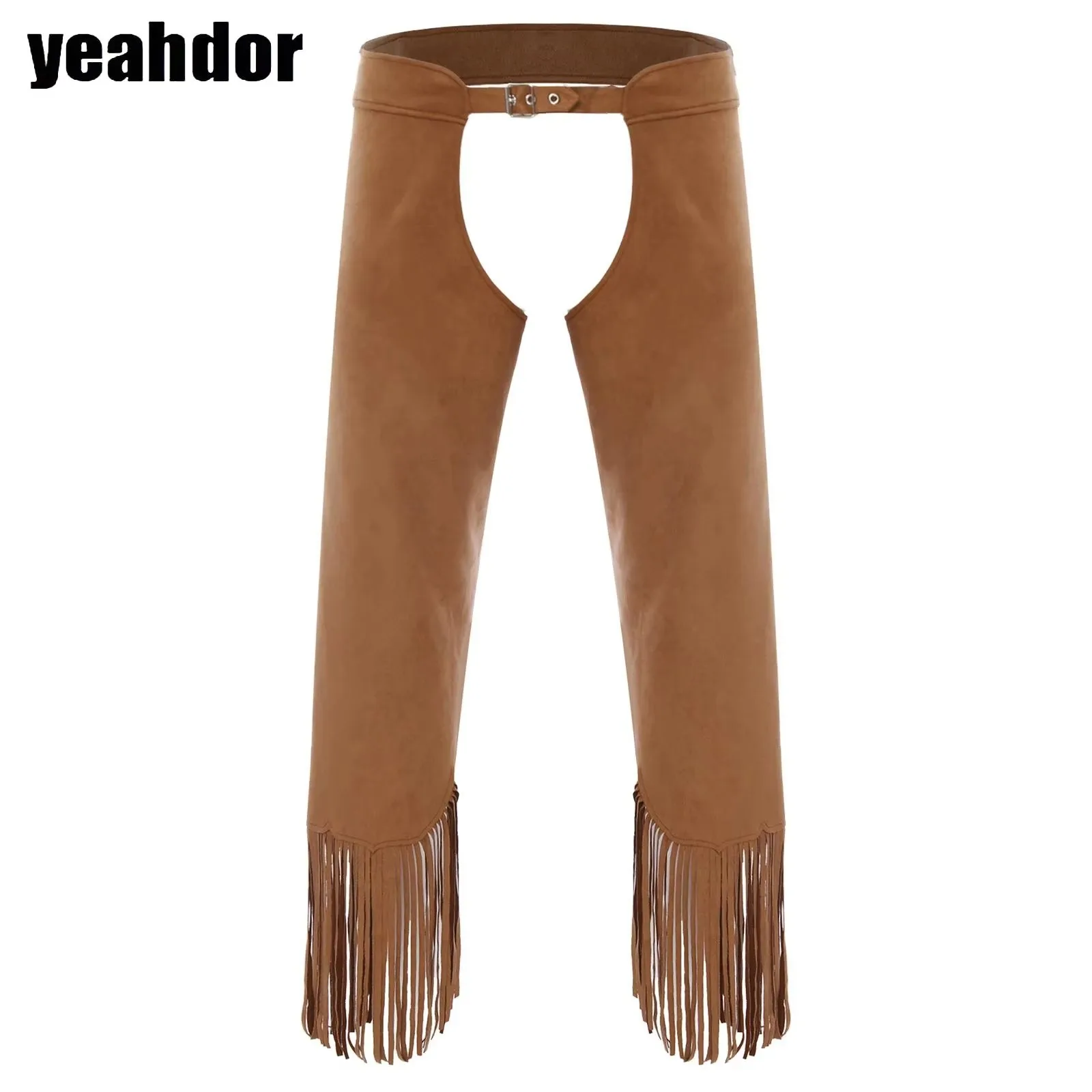 

Men Western Cowboy Chaps Adjustable Buckles Split Fringe Suede Open Crotch Pants Motorcycle Biking Trousers Halloween Dress Up