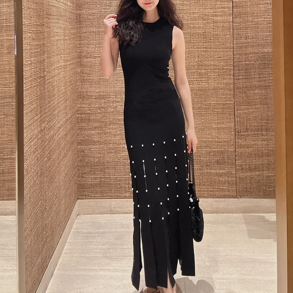 

Новое летнее модное вязаное платье S Home 2024 с жемчужной бахромой и утягивающим поясом, черное, для женщин