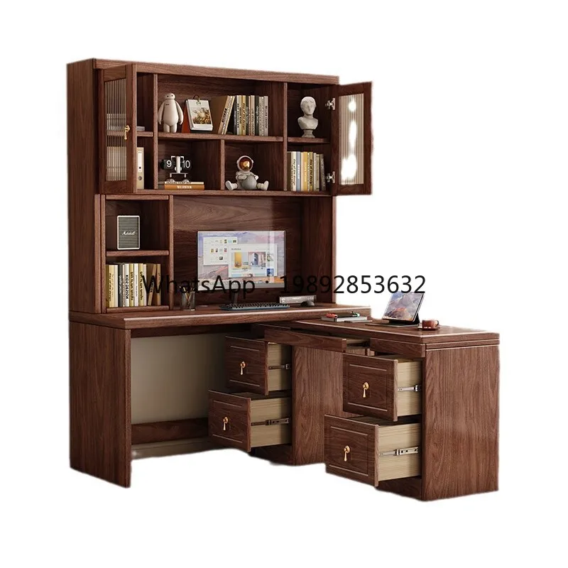 

P5/20 New Chinese Style Black Walnut Solid Wood Corner Integrated Bookshelf Desk Desktop Computer Office Study