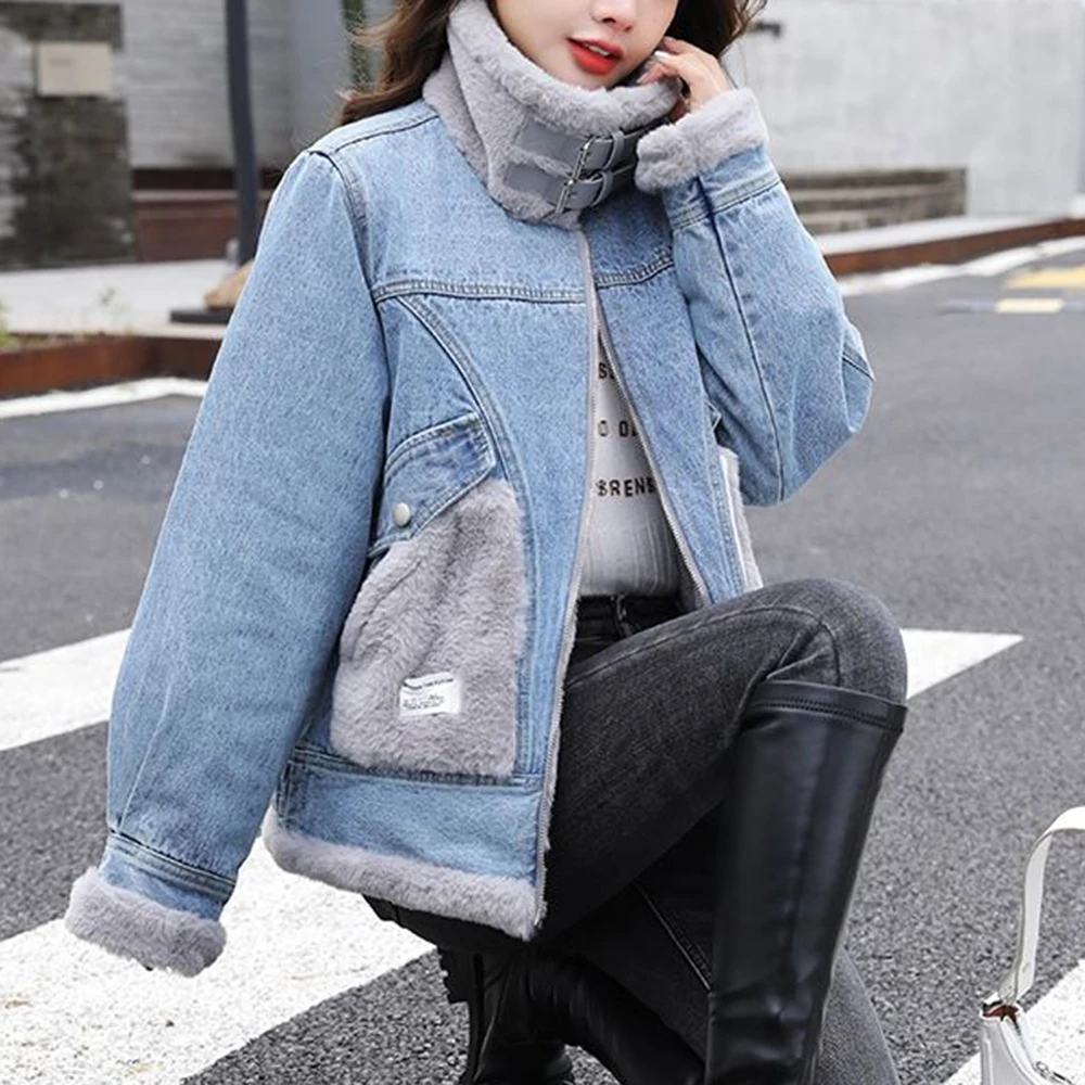 2025 winter new lamb wool plush loose denim jacket women's fashion casual retro versatile wool coat