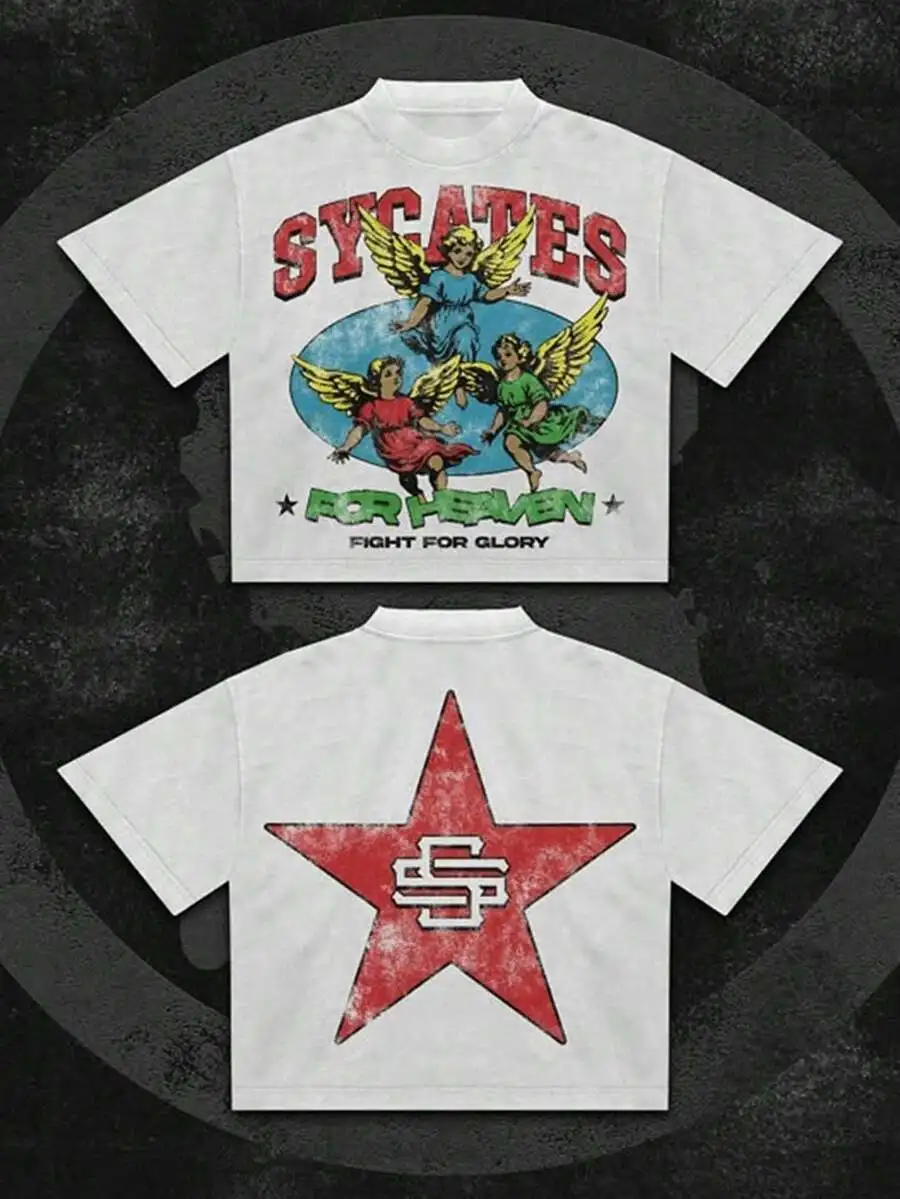Men T-Shirt, Vintage Streetwear, SYCATES, Cherub Angel Graphic, Star Logo, Distressed Print, Short Sleeve, Crew Neck, Boxy Fit, Retro Fashion, American Street Style, Music Festival Outfit, Daily Wear