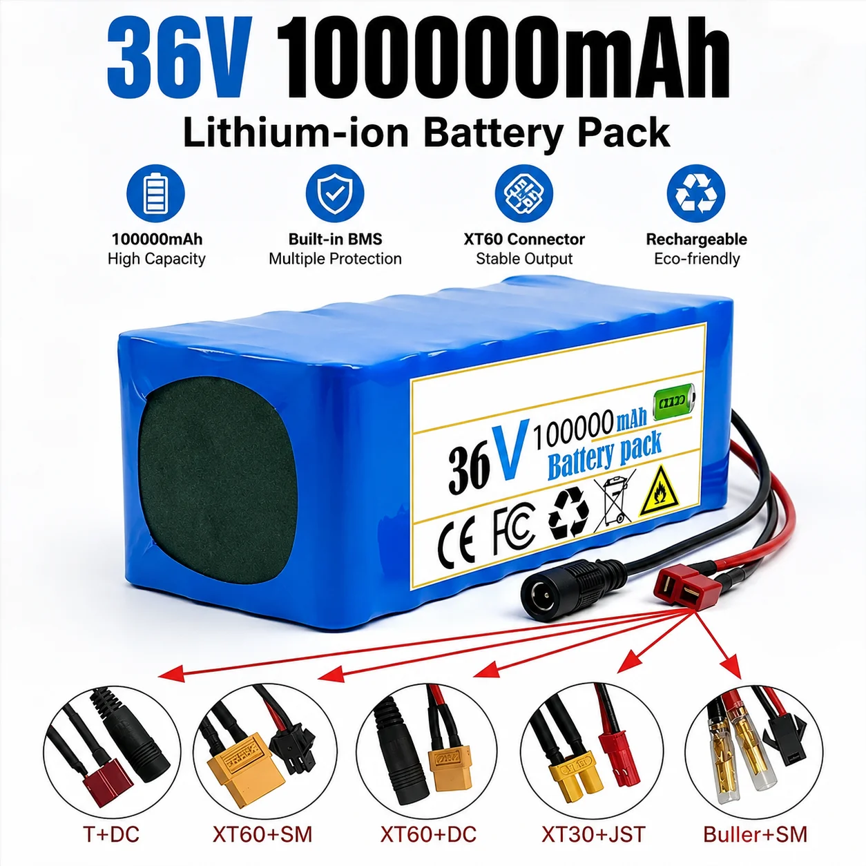 Pacco batterie al litio 10S4P 36 Volt 100Ah 3600Wh, batteria ricaricabile agli ioni di litio ad alta capacità con protezione BMS integrata per bici elettriche, scooter, dispositivi di mobilità e