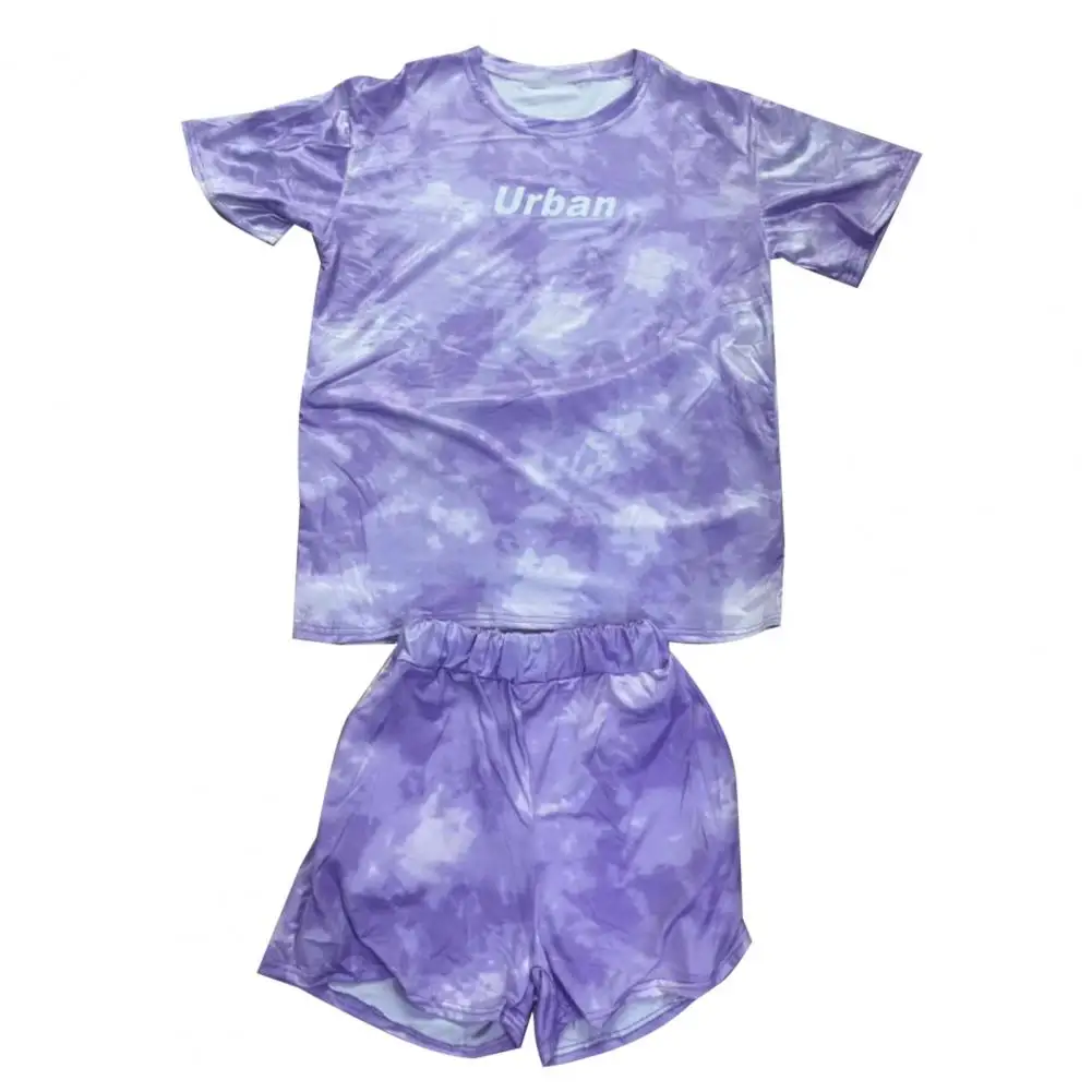 2 pçs/set feminino camiseta shorts conjunto tie-dye solto meados de comprimento superior mini shorts plus size esporte uso diário calças superiores