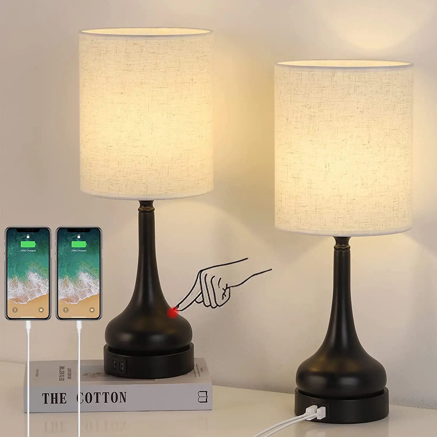 

Bedside Lamp Bedroom Table Lamp Set of 2 Table Lamps with Touch Control for Living Room with USB Charging Ports