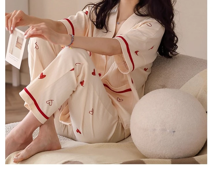 2025 Girl Summer Cotton Sweet Heart Shape Print V-neck Short Sleeve Cardigan Pajamas Set New Pants Loose Thin Simple Loungewear