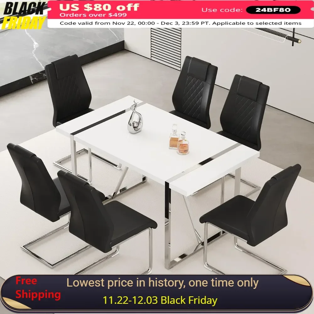 

55‘’ Dining Table Set for 6, Rectangle Dining Room Table，with 6 Upholstered Dining Chairs,for Kitchen,Dining RoomTable & Chairs