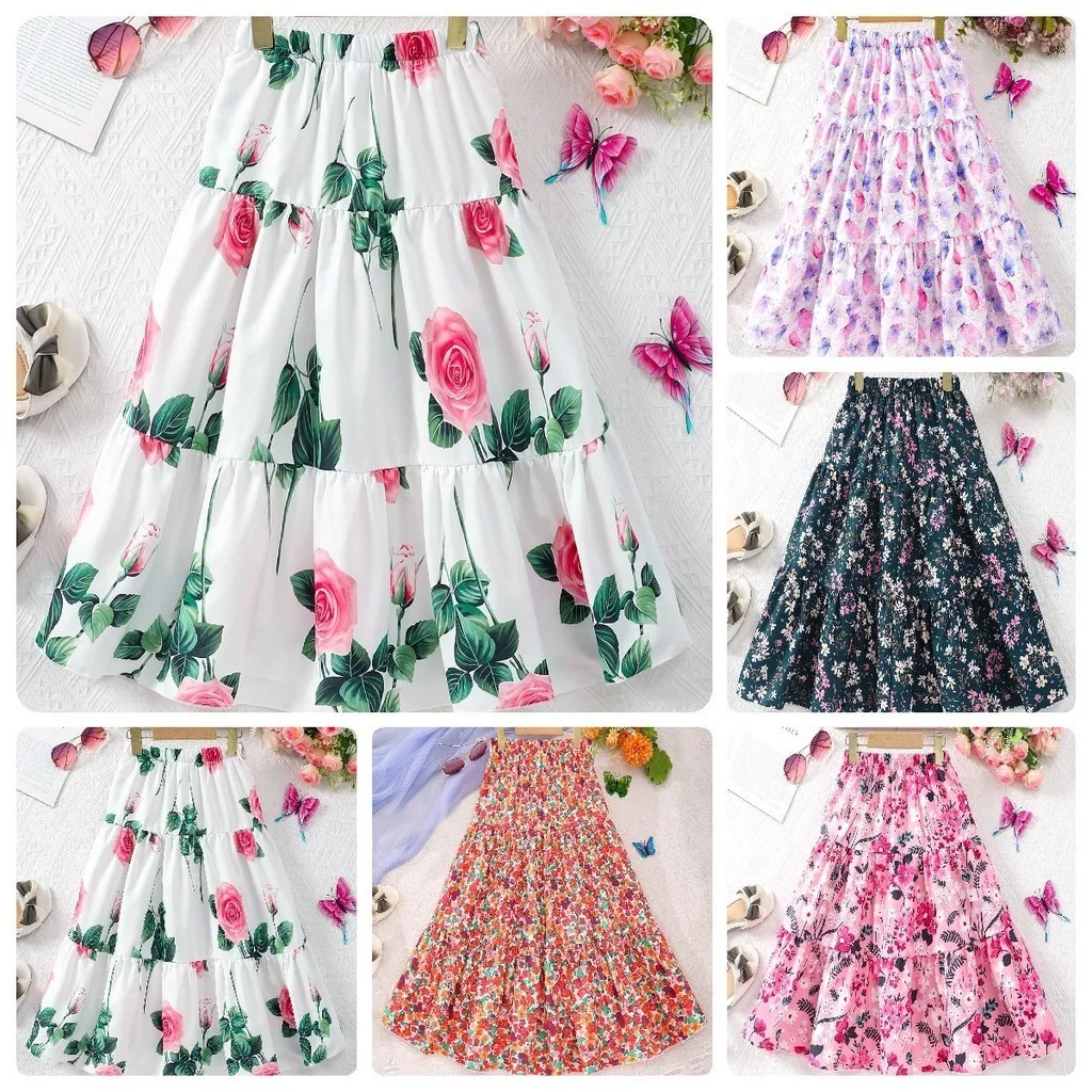 Kids Skirt Long Teens Girls Clothing 8 9 10 11 12 Y Summer Casual Fashion Floral Butterfly Printed A-Line Skirt Birthday Gift