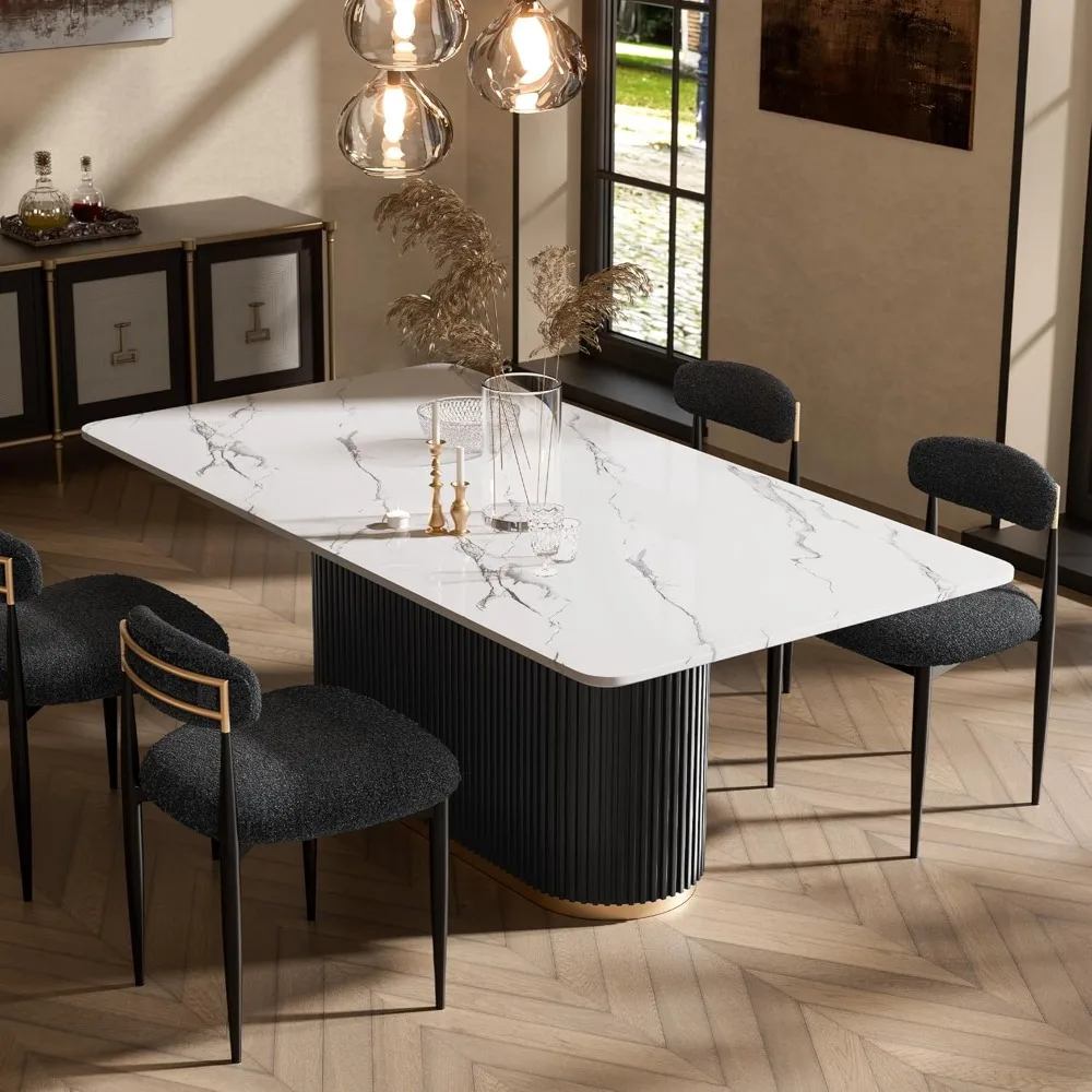 

Modern Dining Table for 6, 70 Faux Marble Dining Table with Black Fluted Base and White Rectangle Top for Ktichen