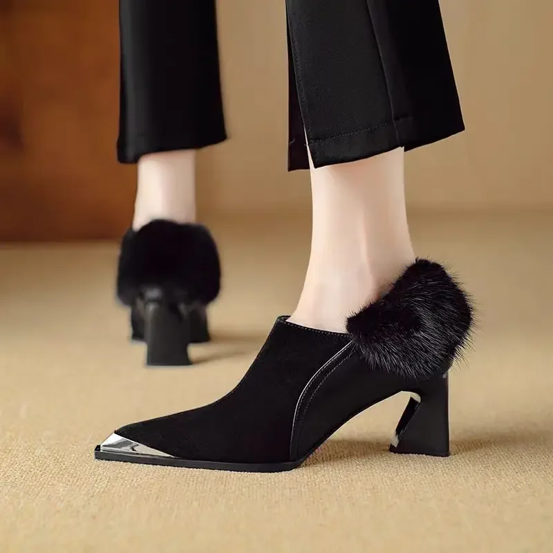 

Elegant Metal Buckle Mary Janes Woman Chic Brand Design Fur Low Heel Dress Shoes Ladies Winter Warm Plush Belt Pump Zapatos New