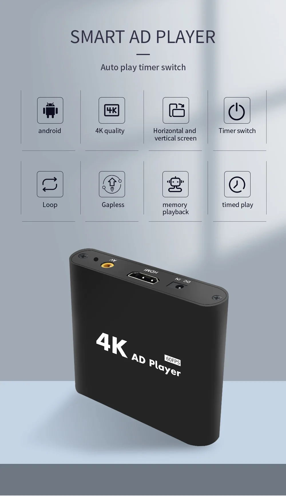 Instrumento de flujo de código de 4K60 marcos, reproductor multimedia con función de reproductor de disco U e interruptor temporizado, inicio automático, imagen de vídeo de ciclo.