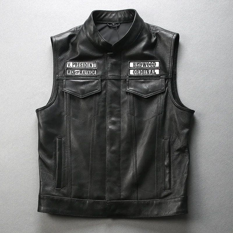 Custom Logo Skull Embroidery Motorcycle Vest Men Real Leather Sleeveless Jacket Cowhide Club Riding Biker Waistcoat