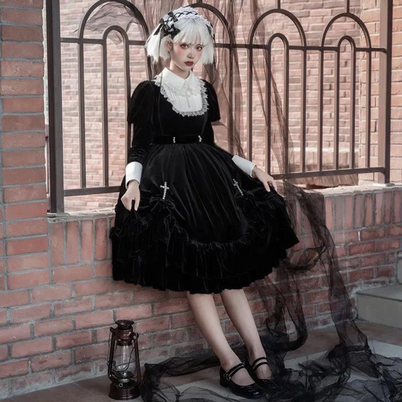 Herfst Winter Gothic Lolita Jurk Retro Lange Mouwen Fluwelen Dark Lolita Prinses Jurk Vintage Kruis Op Jurk Halloween Kostuum