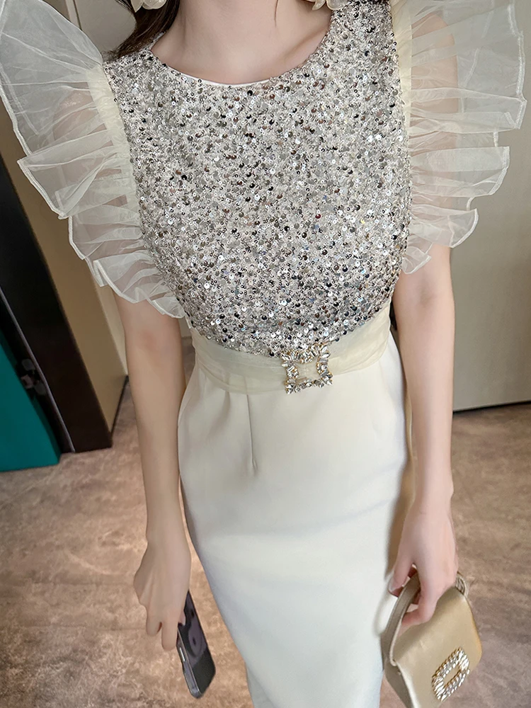 Moda verão elegante luxo brilhante lantejoulas vestido de noite roupas femininas manga voadora magro cintura alta midi festa baile vestidos