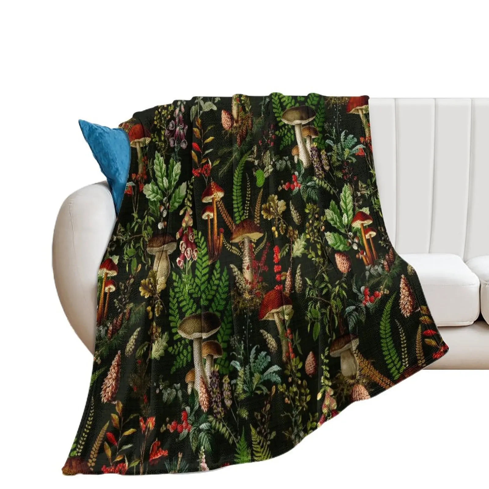 

Vintage Mushrooms Forest Botanical Pattern - Black Botanical Night Garden Throw Blanket Large Beach for sofa Loose Blankets