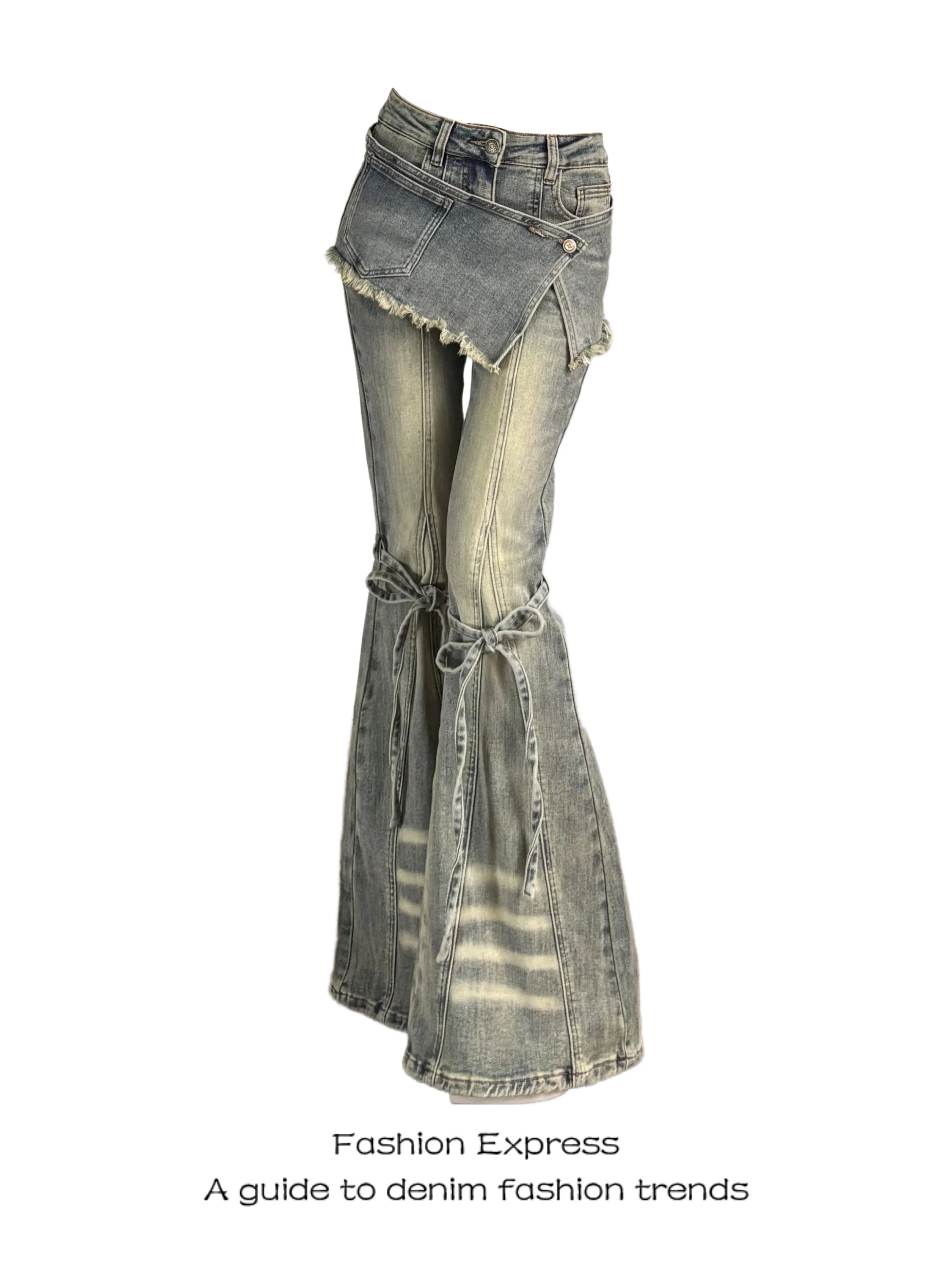 

Повседневные джинсы-клеш с высокой талией для женщин, модные американские трендовые уличные брюки с эффектом двухслойности