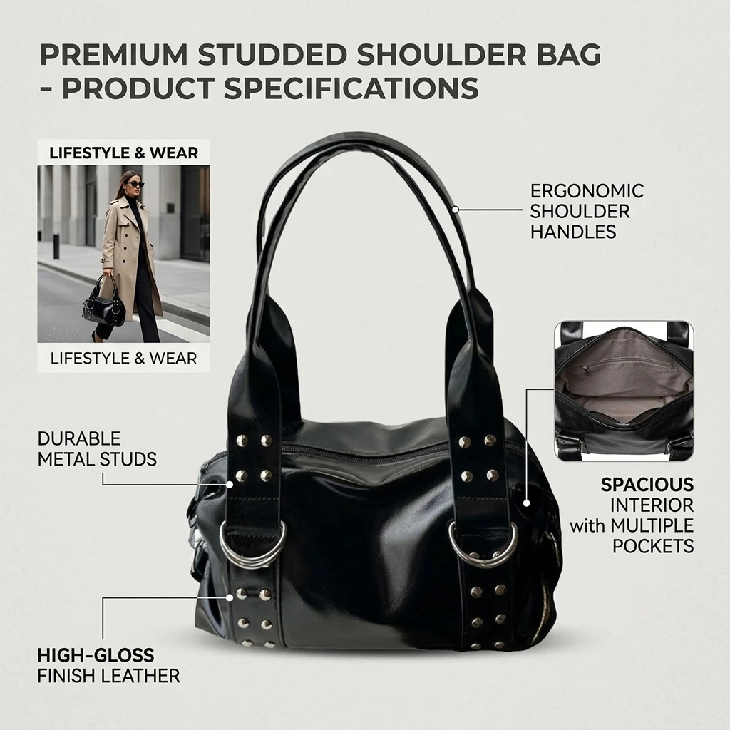 Korean Design Rivet round Cylinder Tote Bag Women's Large Capacity Commuter Handbag Single Shoulder Underarm Bag