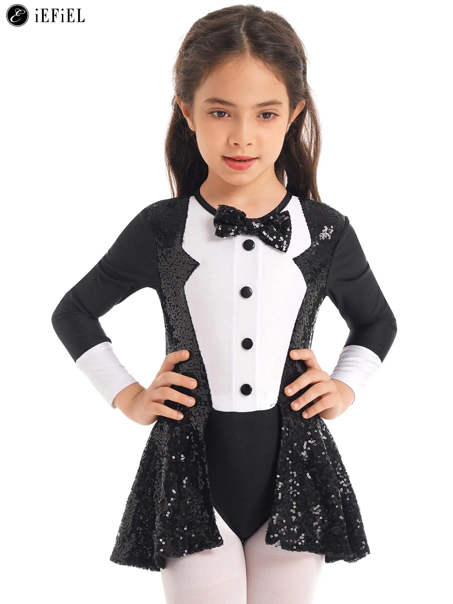 

Kids Girls Sequined Circus Ringmaster Costume Long Sleeves Bow Tie Latin Jazz Dance Halloween Stage Performance Fancy Dress Up