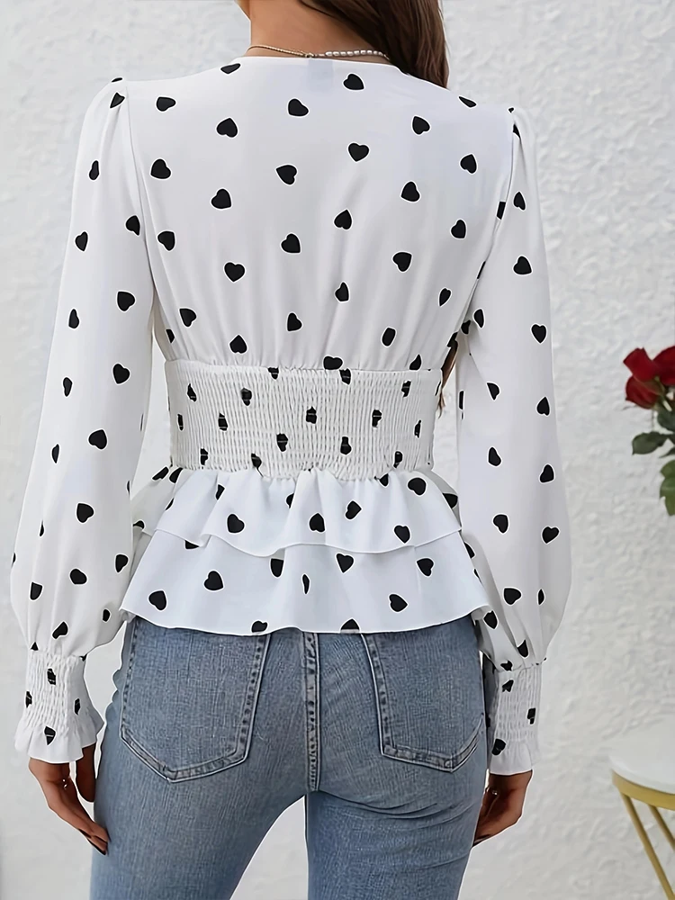 Chemise élégante à col en v pour femmes, mode printemps-été, coupe cintrée à la taille, manches longues, motif cœur, haut chic
