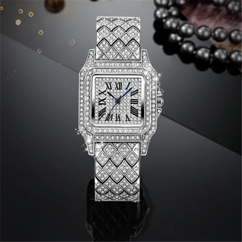 Montre Quartz Femme, Bracelet Alliage, Hip Hop, Diamant, Or, Mode