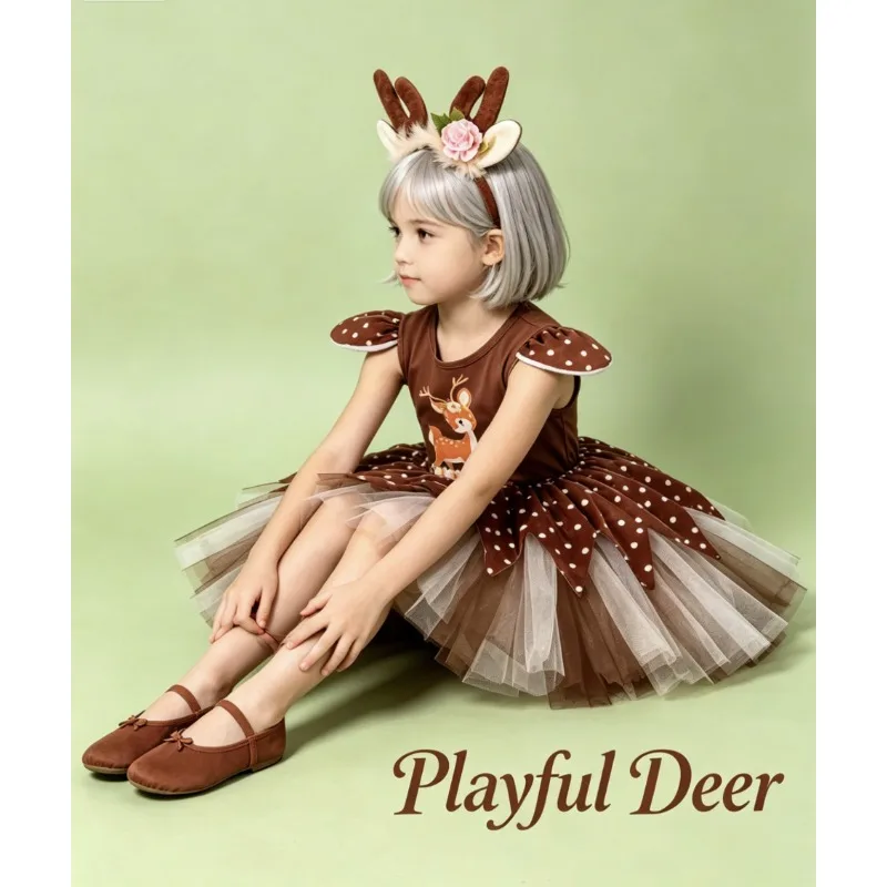 Christmas Elk Printed Dress Fluffy Tutu Skirt Kids Party Costume Festiva Wear Carnival Stage Performance Clothes For Little Girl