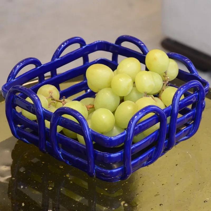 

Ceramic Nordic Weave Storage Baskets Solid Color Square Manual Fruit Storage Baskets Modern Simple Countryside Home Organization