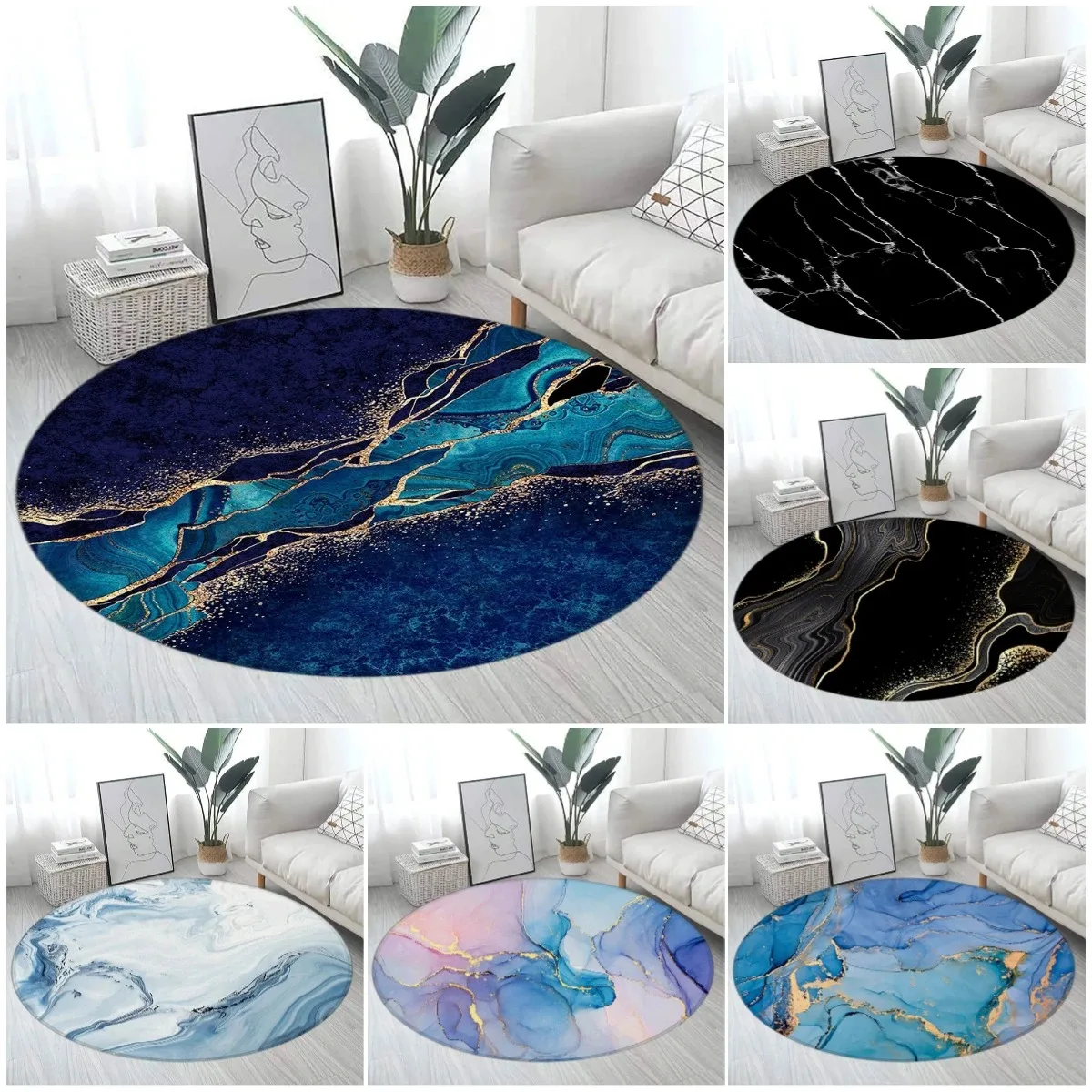 Abstract Blue Marble Round Carpet Gold Textured Geometric Pattern Black Home Rugs Living Room Bedroom Decor Sofa Rug Floor Mats