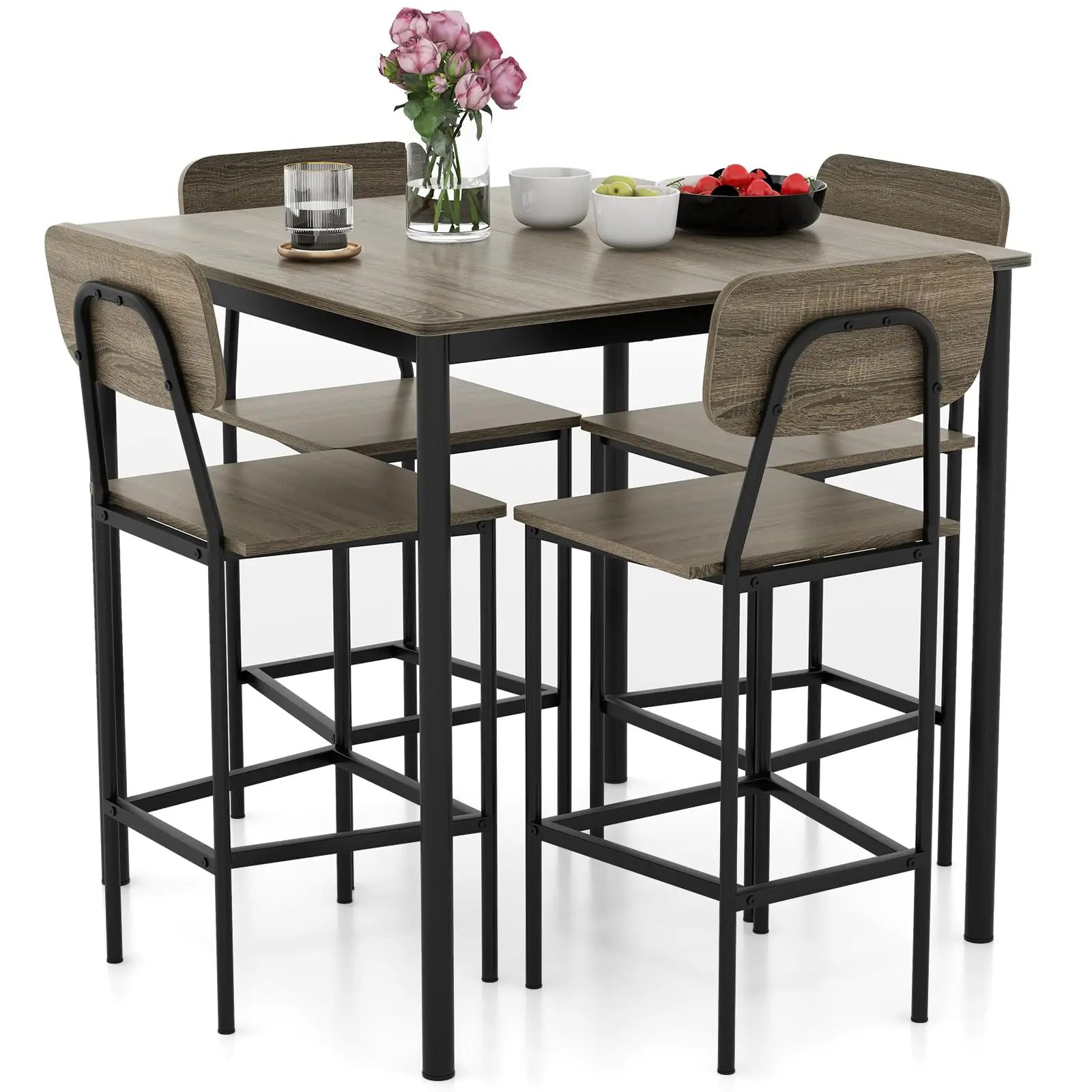 5-Piece Dining Table Set W/Counter Height Table & 4 Bar Stools, Modern Kitchen Dining Set W/Footrest & Backrest