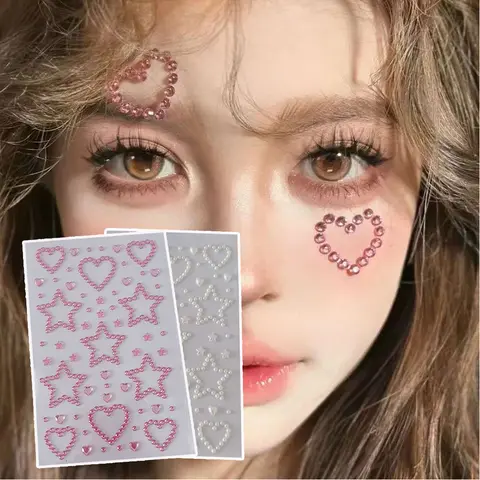 3D 라인 석 얼굴 스티커 핑크 러브 하트 반짝이 메이크업 스티커 인공 진주 패치 자기 접착제 크리스탈 얼굴 보석 문신