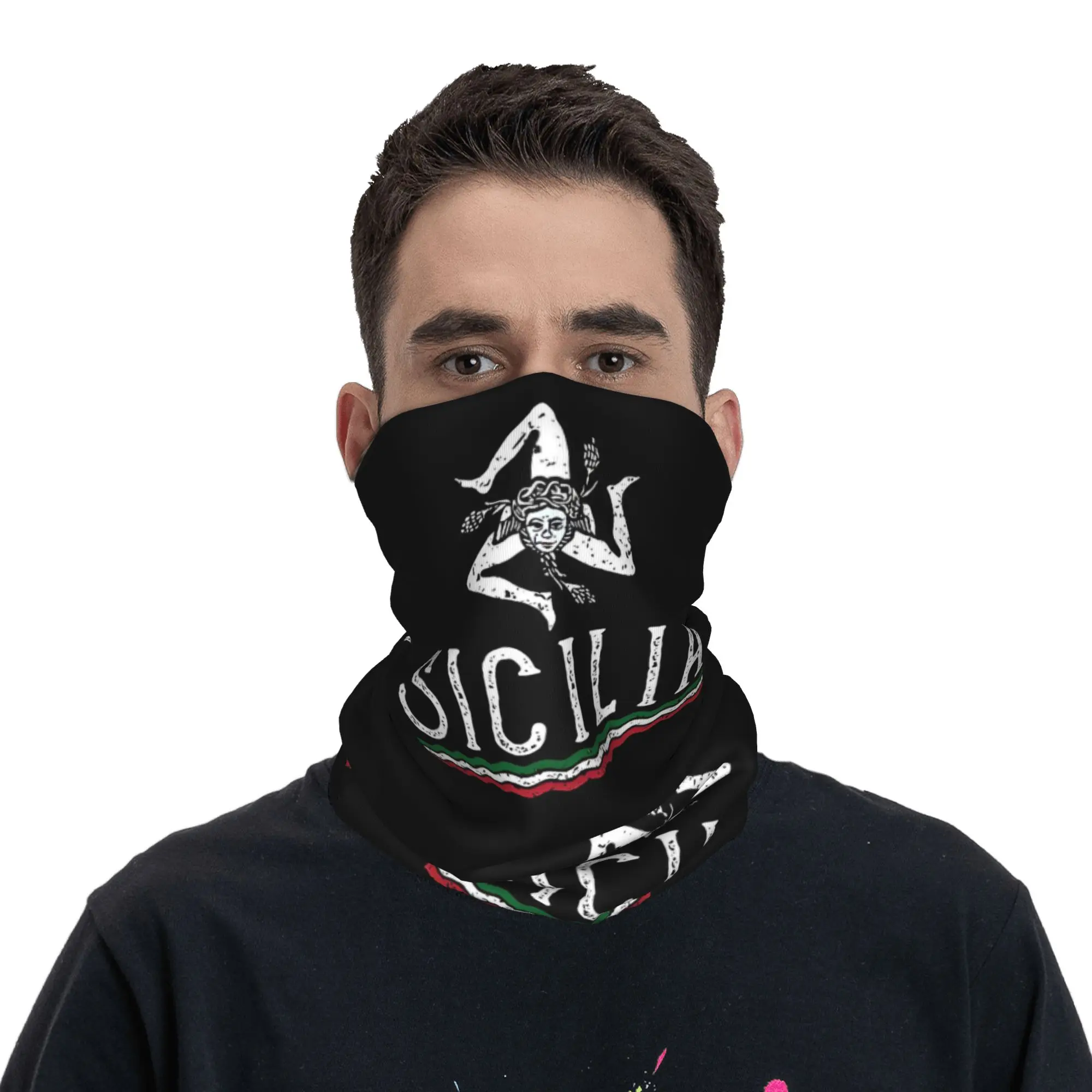 

Custom Italy Flag Neck Gaiter Men Women Windproof Winter Island Sicily Flag Sicilian Bandiera Bandana Scarf for Hiking